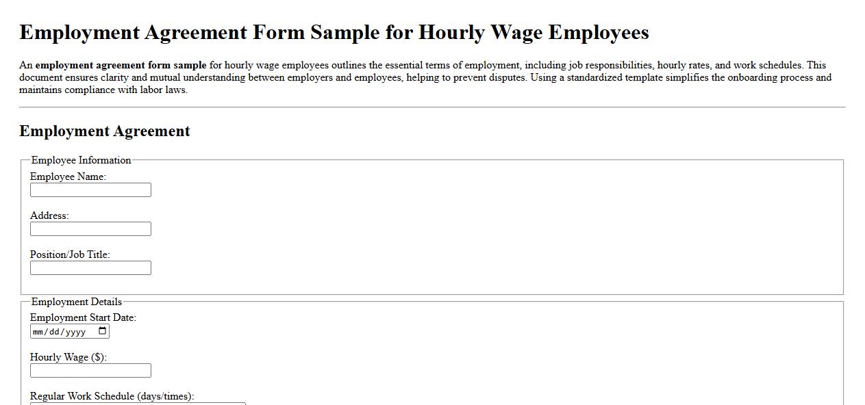 Employment agreement form sample for hourly wage employees image preview