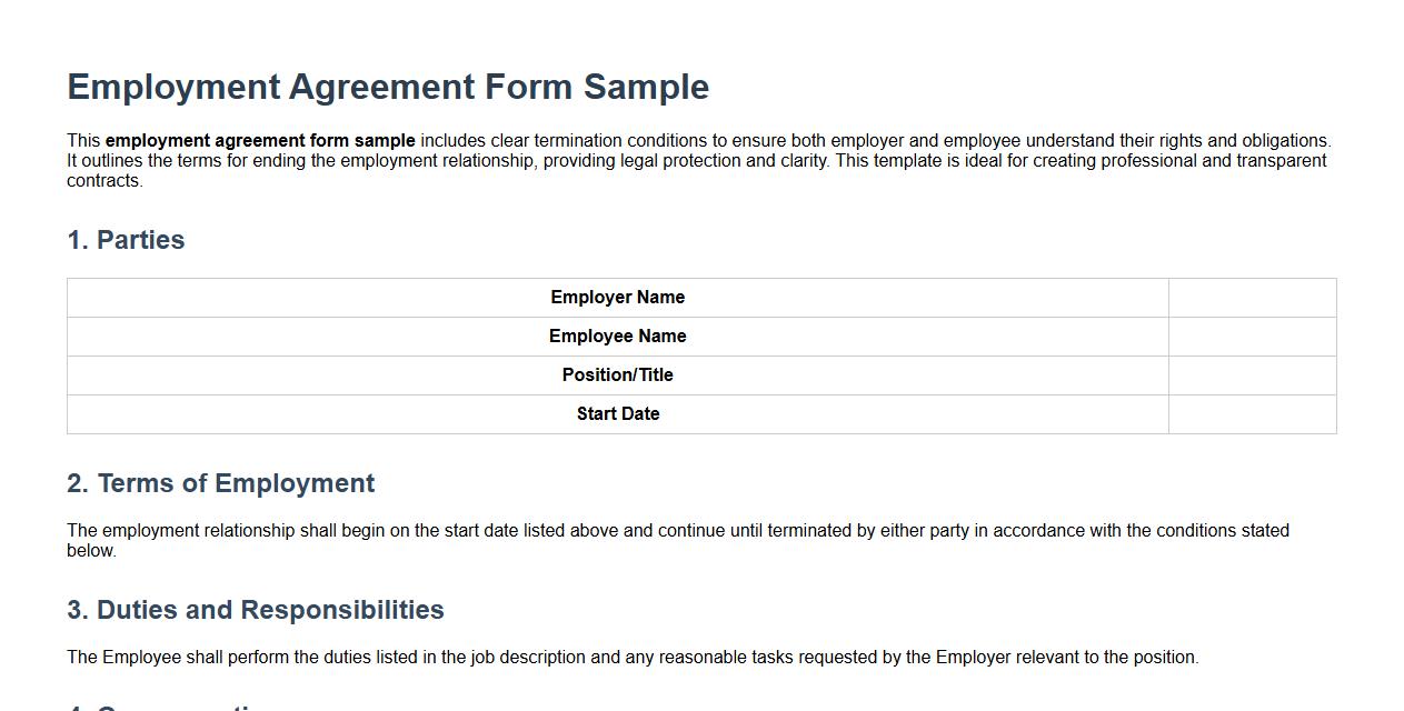 Employment agreement form sample with termination conditions image preview