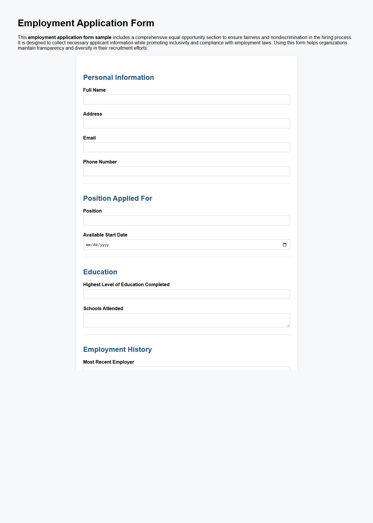 Employment application form sample with equal opportunity section image preview