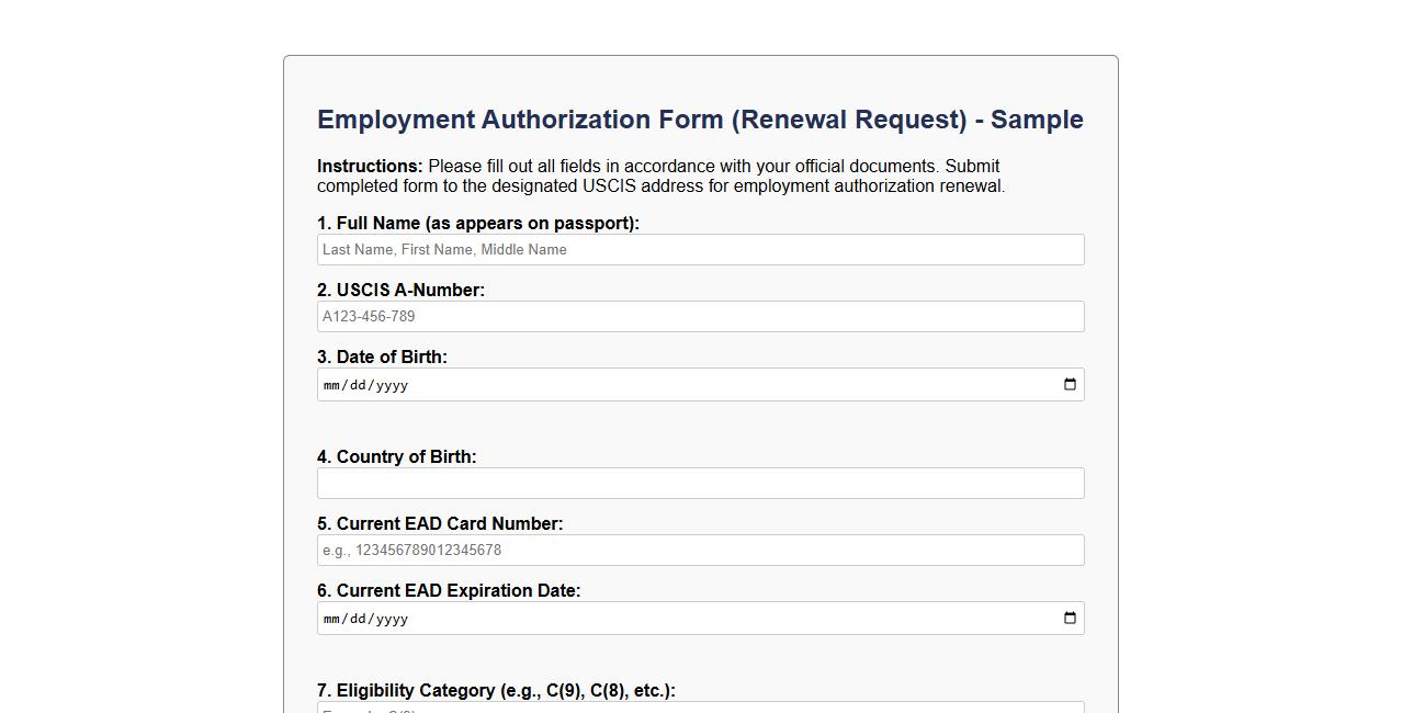 Employment Authorization Form sample for renewal requests image preview