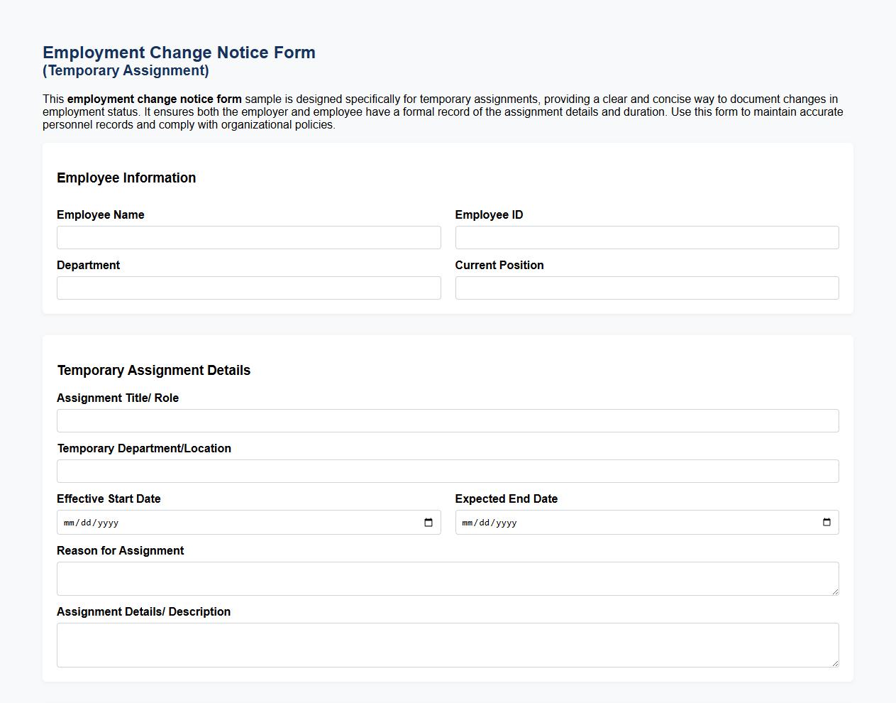Employment change notice form sample for temporary assignment image preview