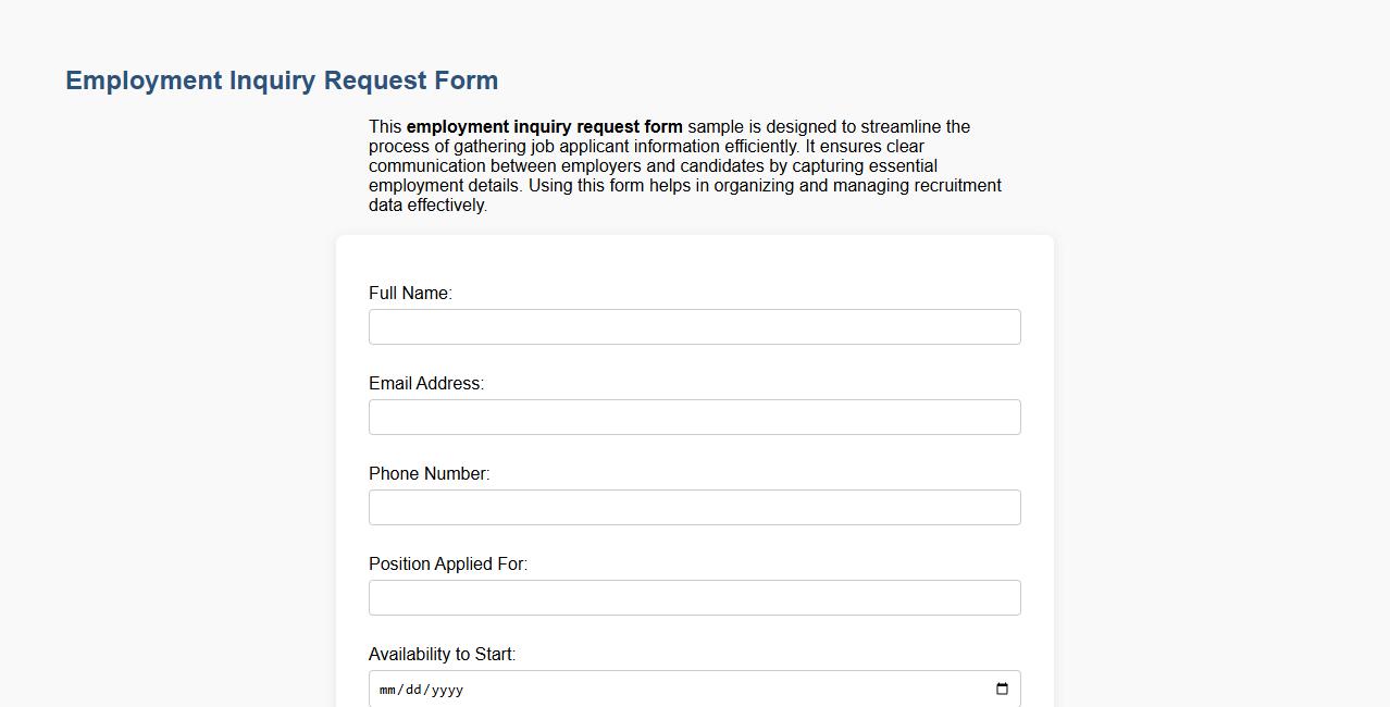 Employment inquiry request form sample image preview