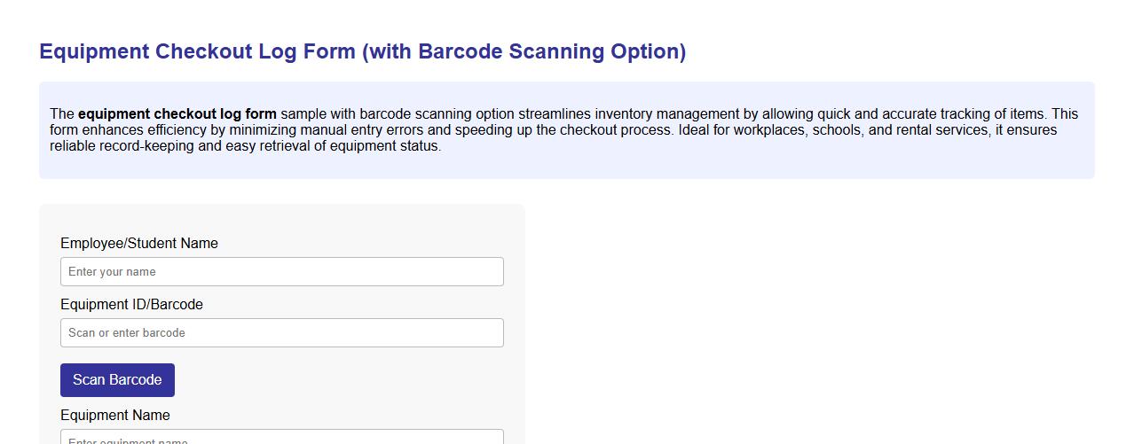 Equipment checkout log form sample with barcode scanning option image preview