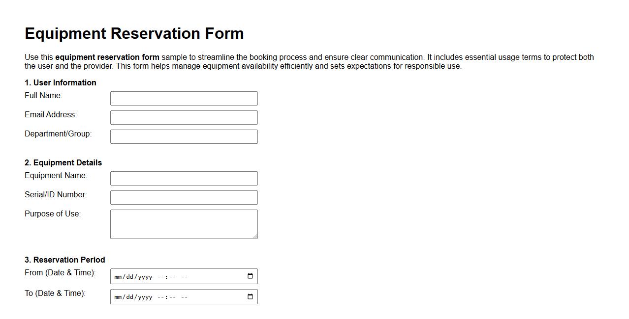 Equipment reservation form sample with usage terms image preview