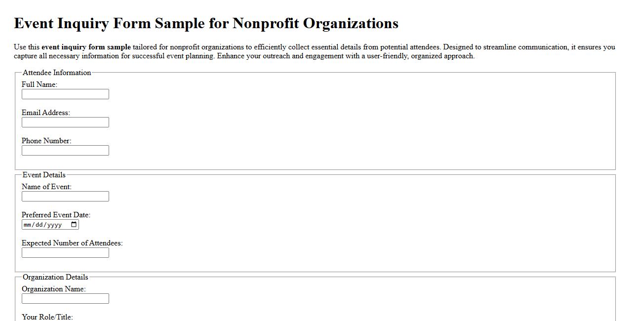 Event inquiry form sample for nonprofit organizations image preview