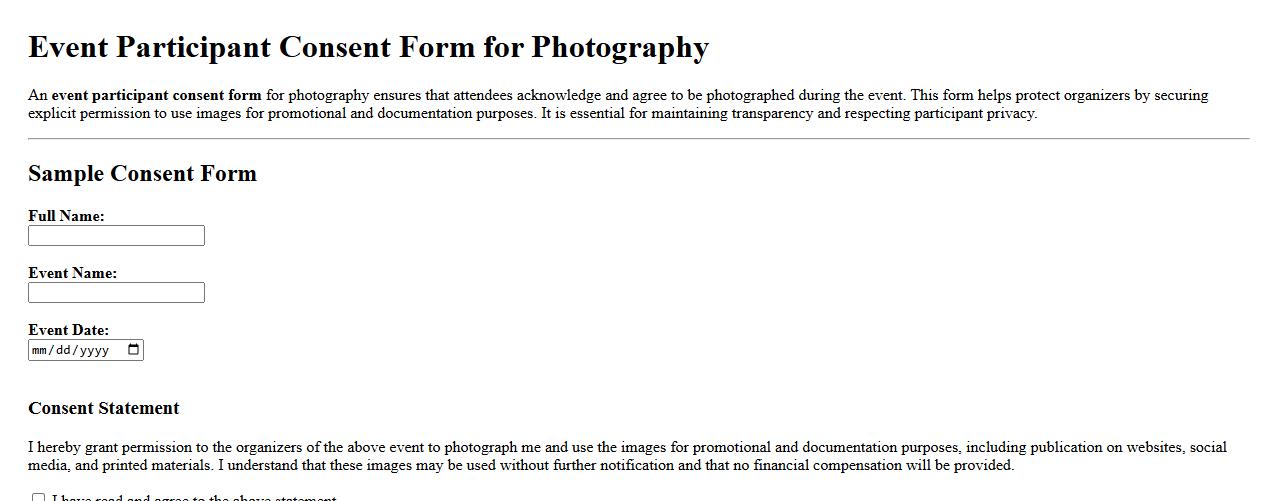 Event participant consent form sample for photography image preview