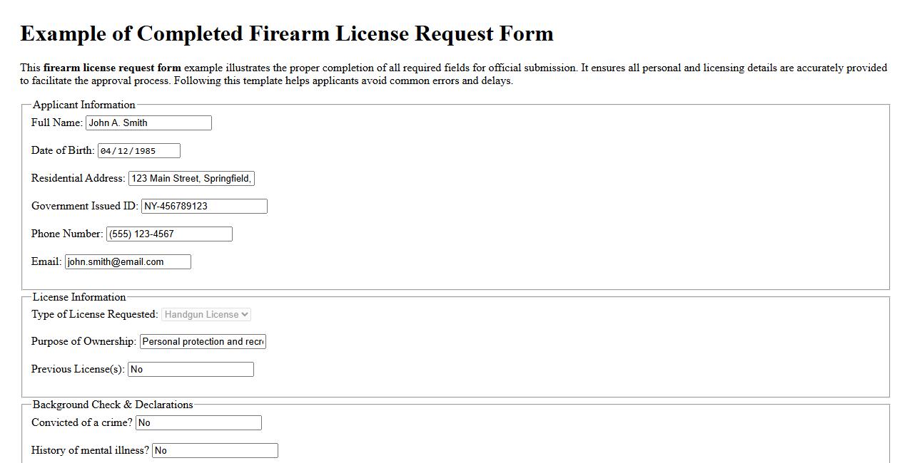 Example of completed firearm license request form image preview