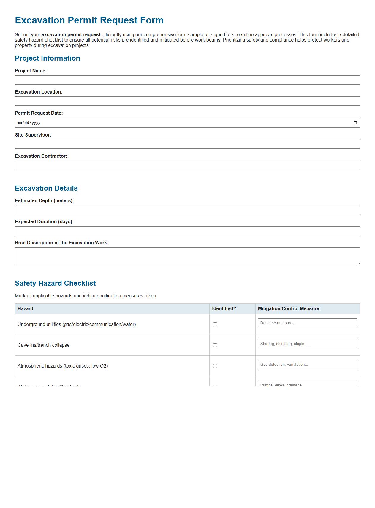 Excavation permit request form sample with safety hazard checklist image preview