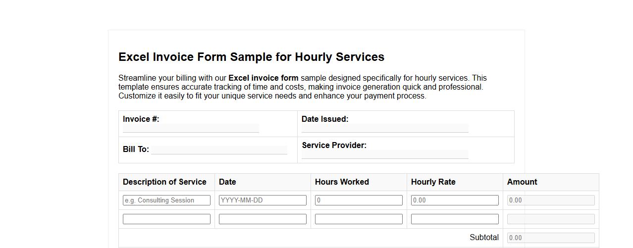 Excel invoice form sample for hourly services image preview