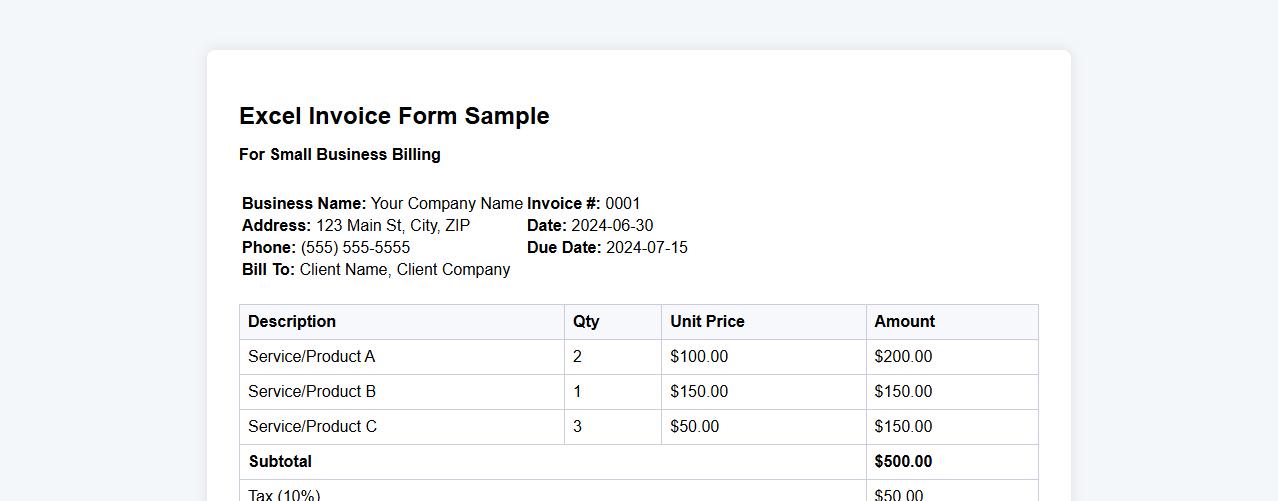 Excel invoice form sample for small business image preview