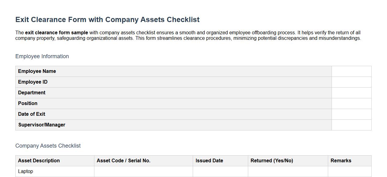 exit clearance form sample with company assets checklist image preview