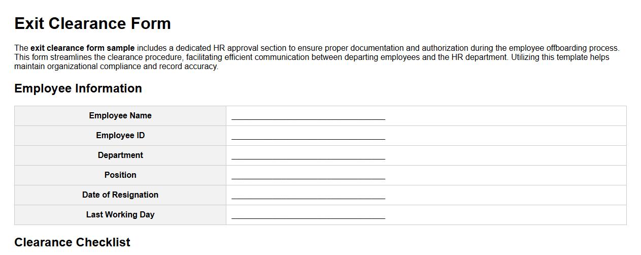 exit clearance form sample with HR approval section image preview