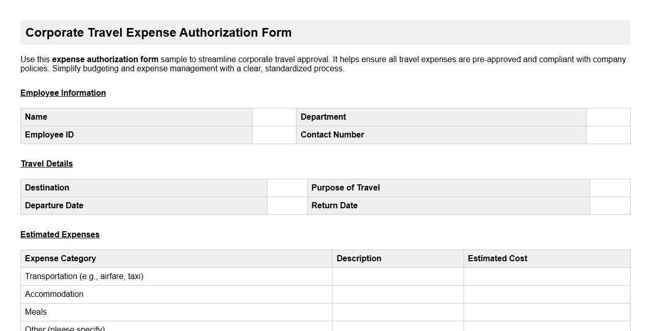 expense authorization form sample for corporate travel approval image preview