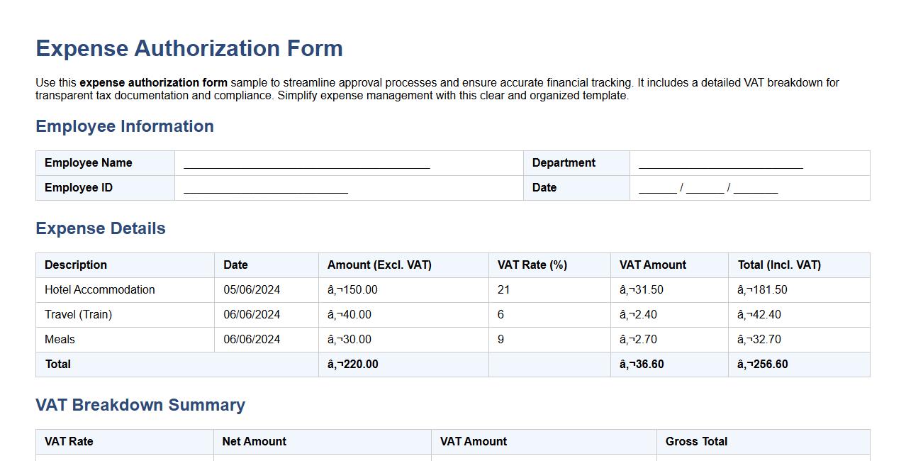 expense authorization form sample including VAT breakdown image preview