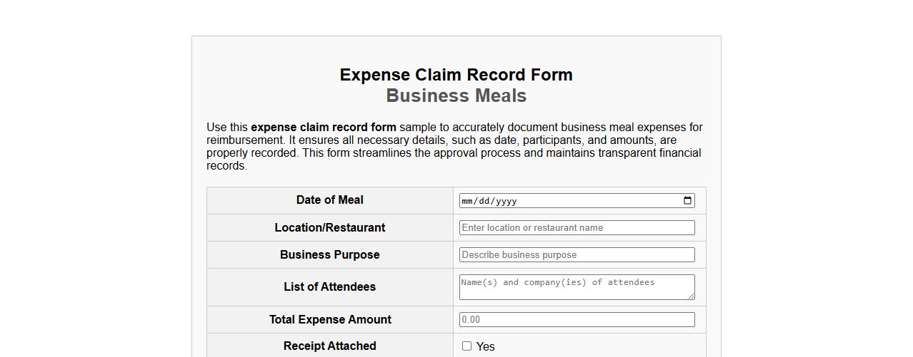 expense claim record form sample for business meals image preview
