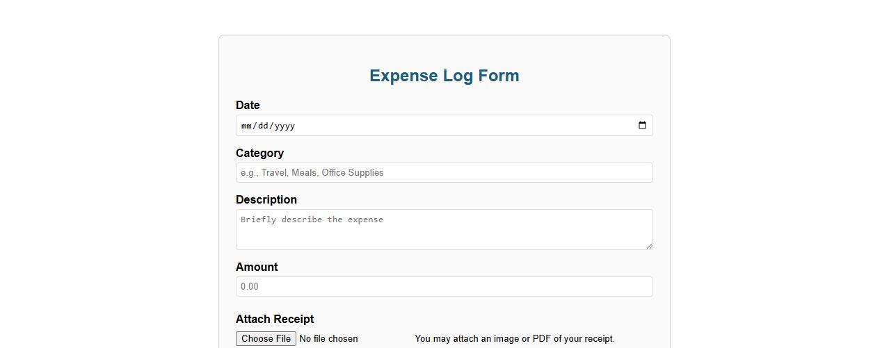 expense log form sample with receipt attachment section image preview