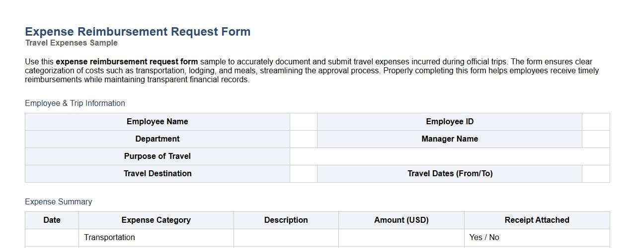 Expense reimbursement request form sample for travel expenses image preview