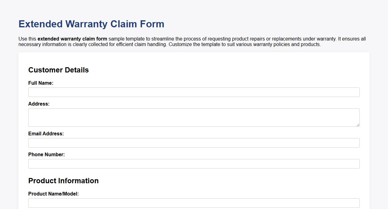 Extended warranty claim form sample template image preview