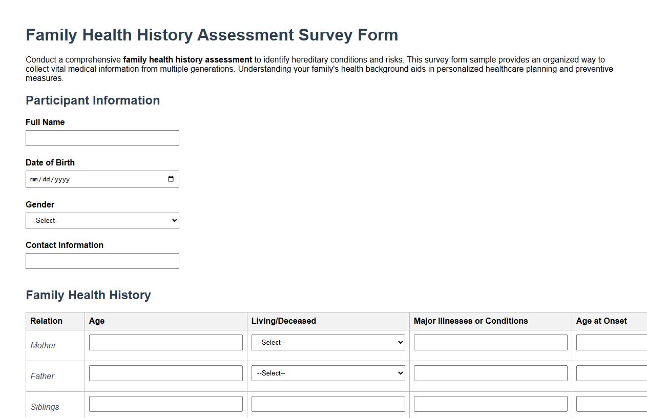 Family health history assessment survey form sample image preview