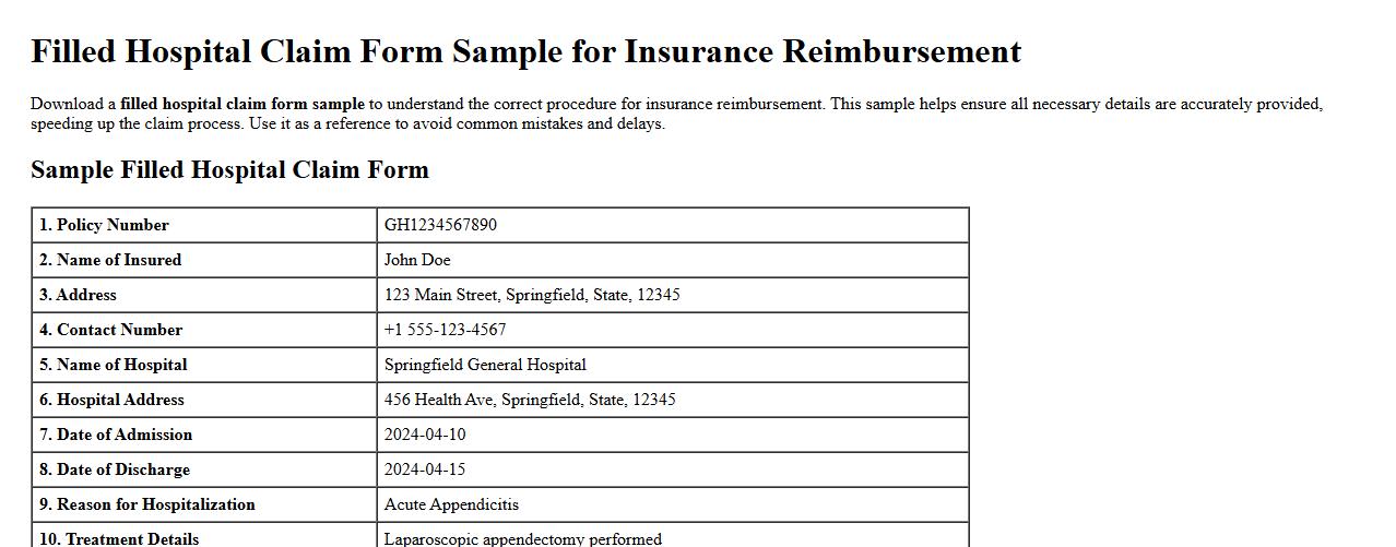 filled hospital claim form sample for insurance reimbursement image preview