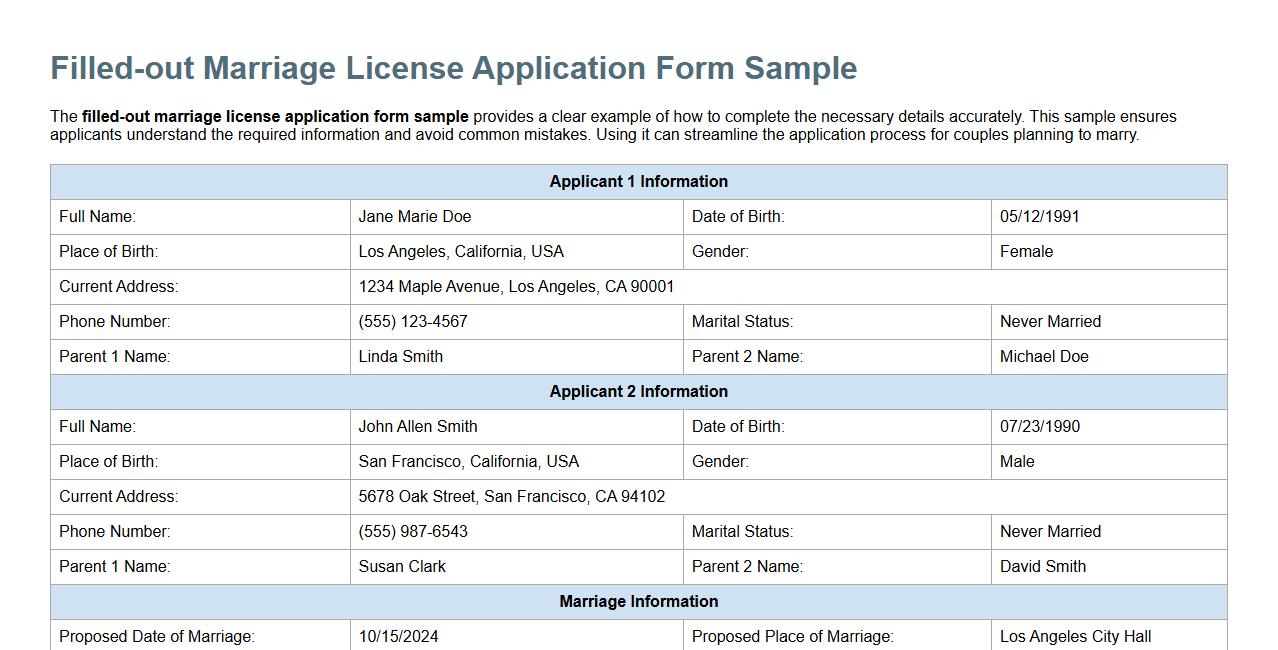 Filled-out marriage license application form sample image preview