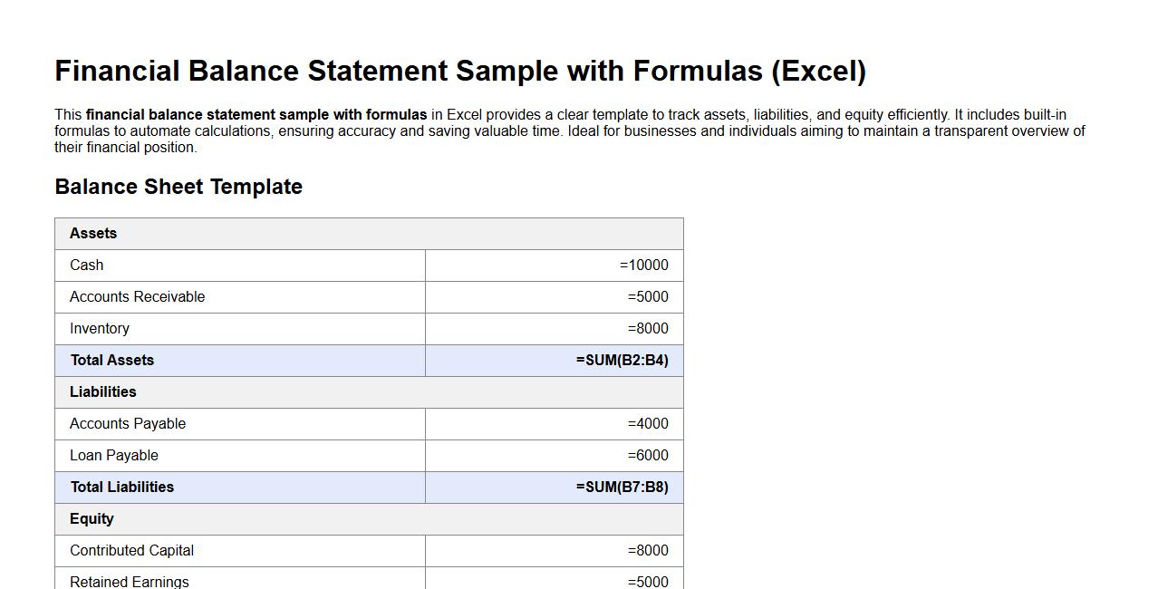 Financial balance statement sample with formulas excel image preview
