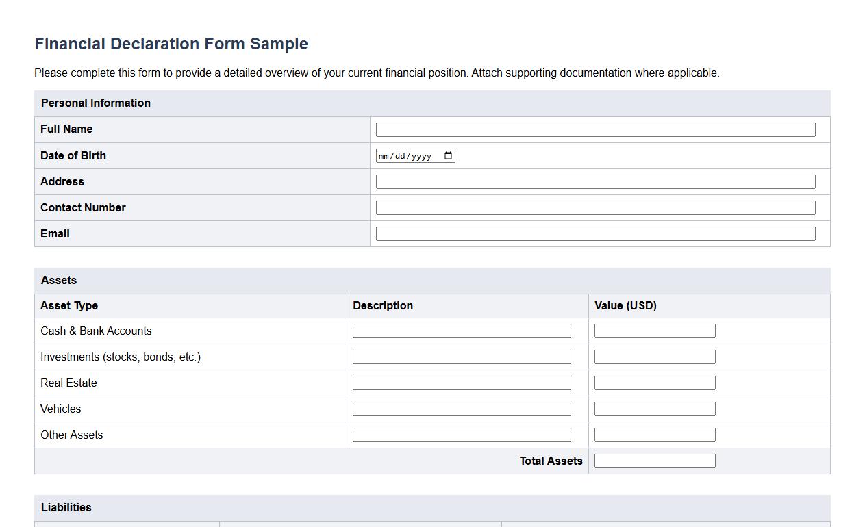 financial declaration form sample with assets and liabilities image preview