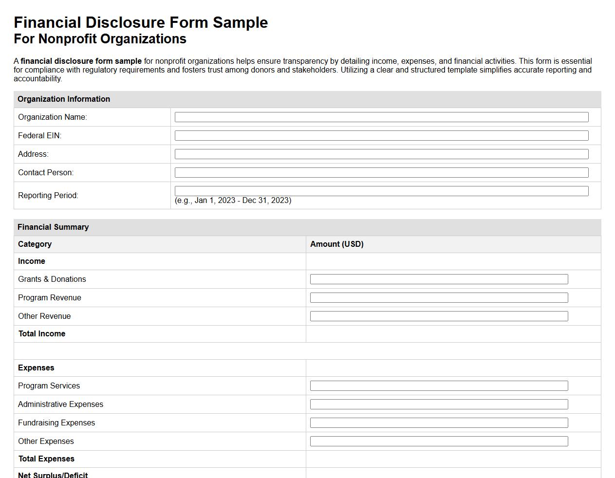 financial disclosure form sample for nonprofit organizations image preview