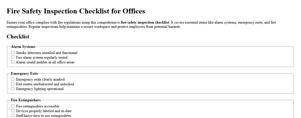 Fire safety inspection checklist for offices image preview