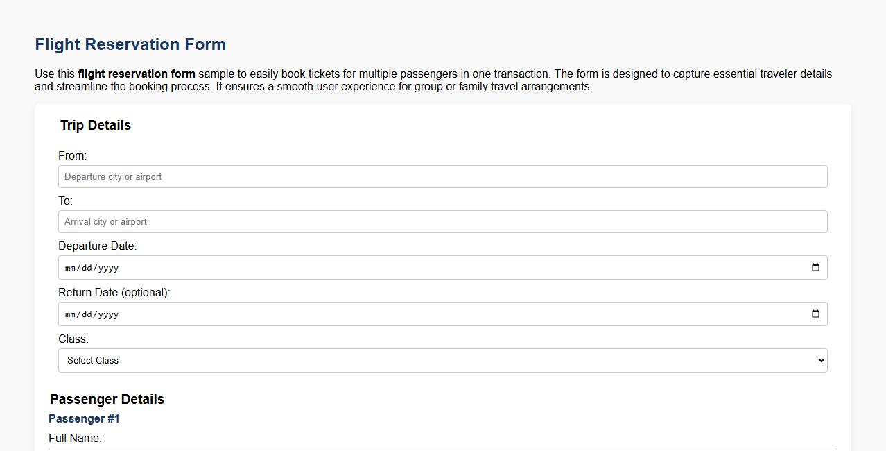 Flight reservation form sample with multiple passengers image preview