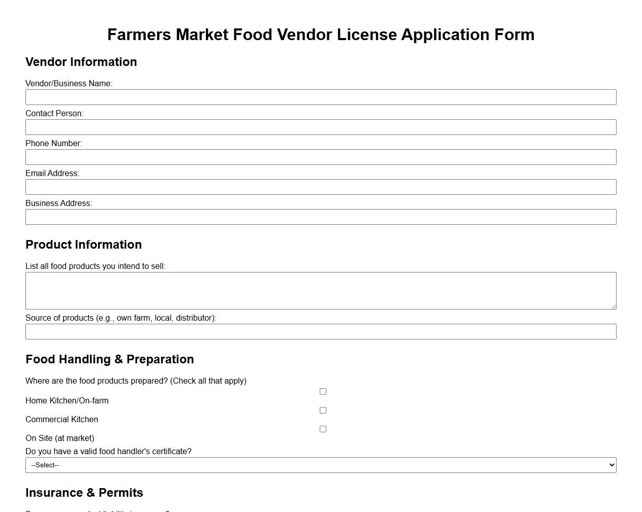 Food vendor license application form sample for farmers market image preview