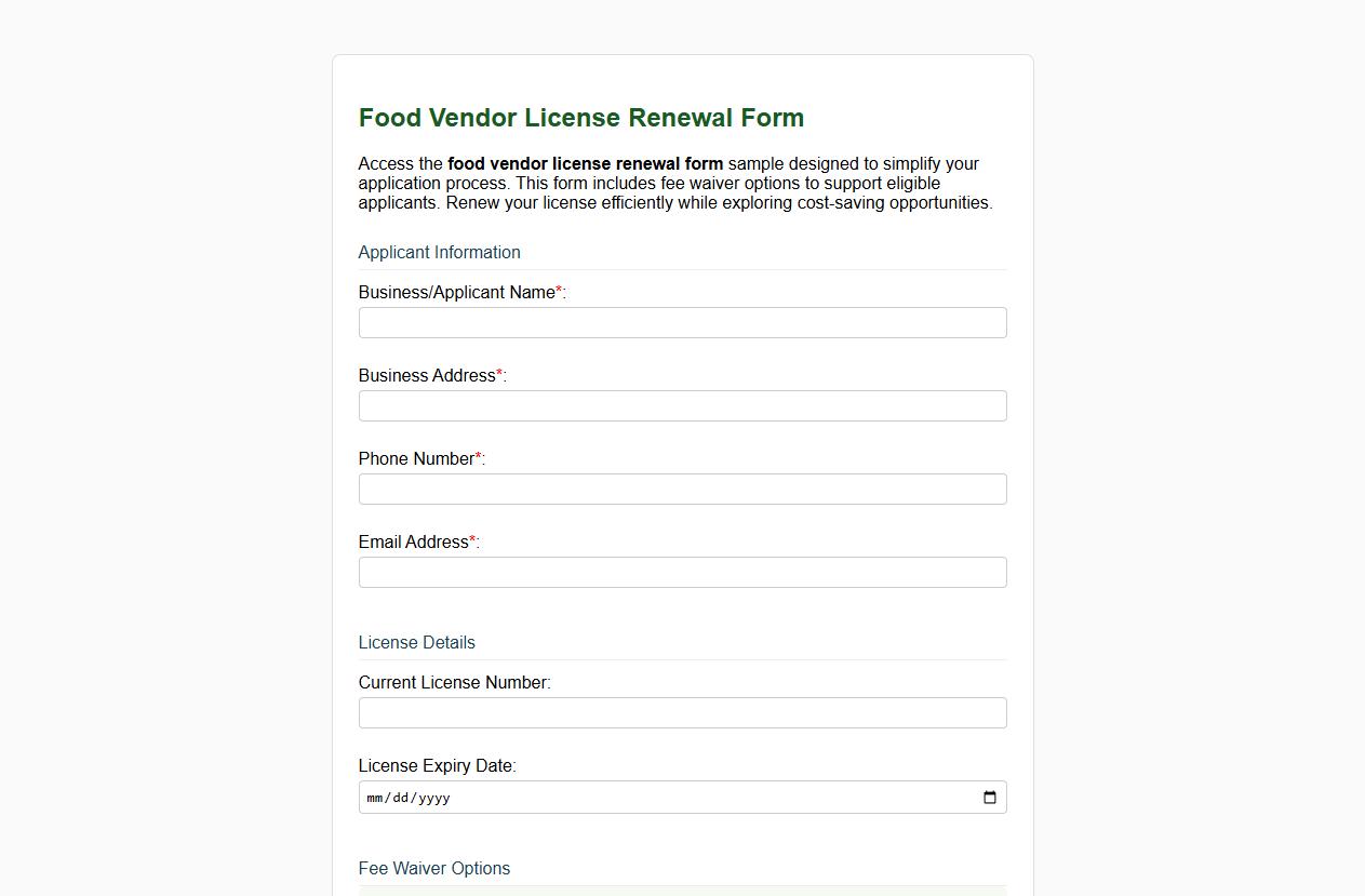 Food vendor license renewal form sample with fee waiver options image preview