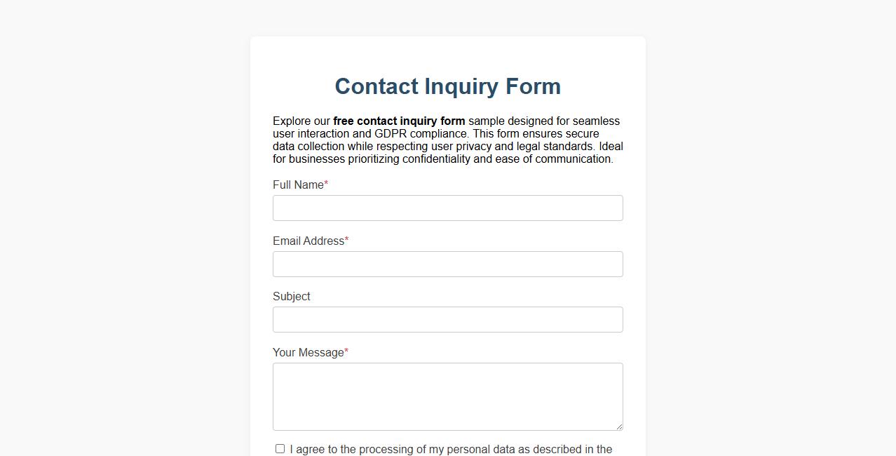 Free contact inquiry form sample with GDPR compliance image preview