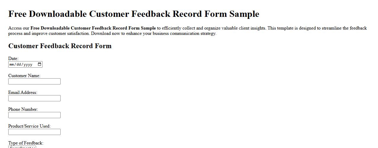 Free Downloadable Customer Feedback Record Form Sample image preview