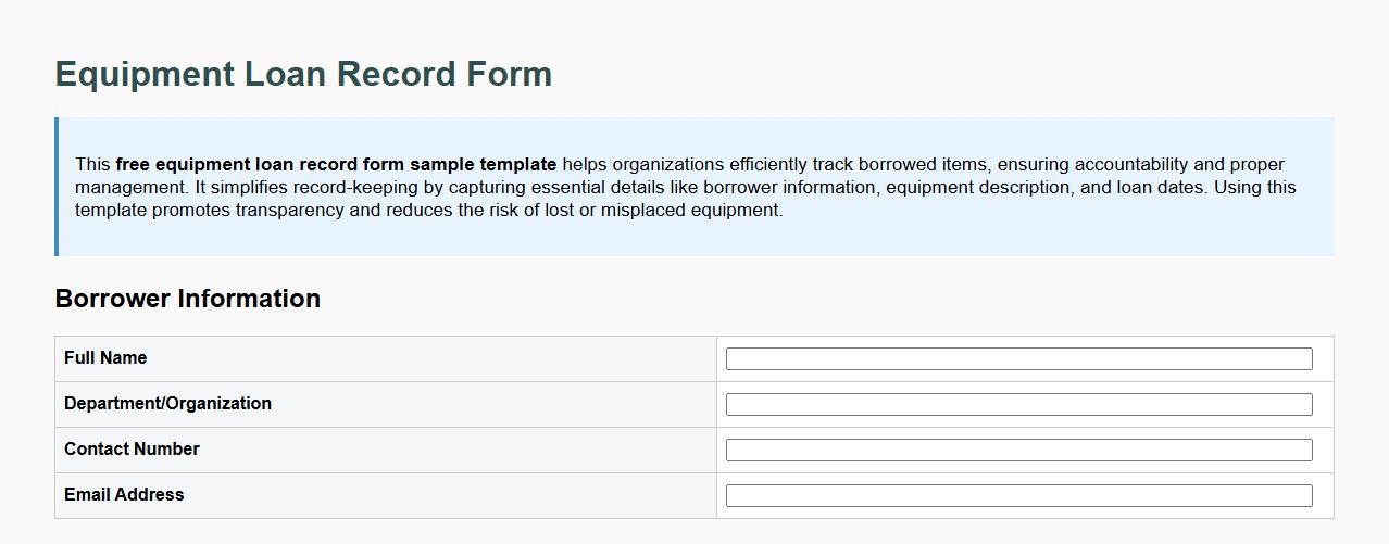 free equipment loan record form sample template image preview