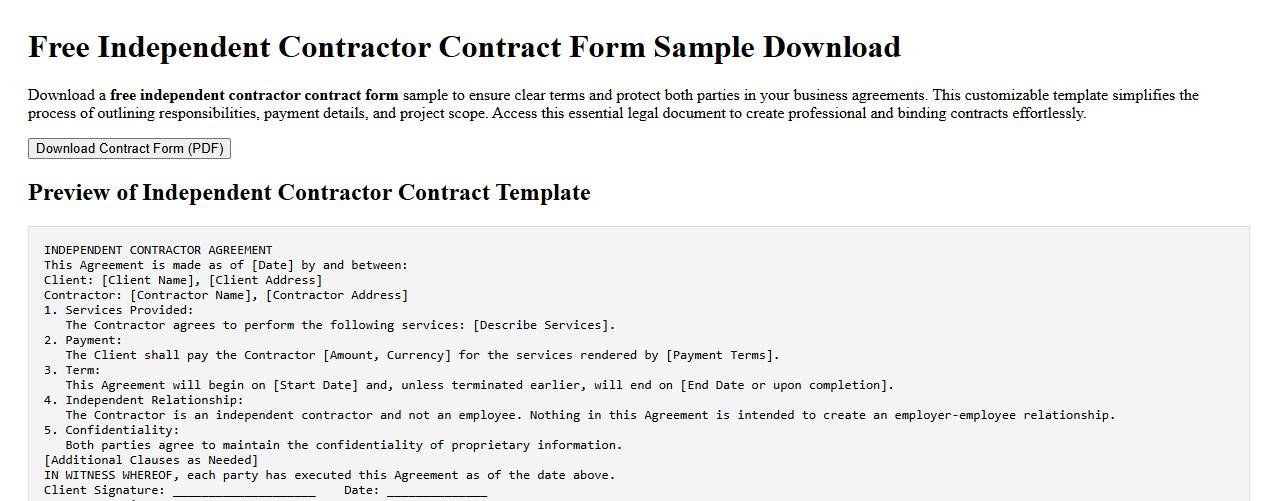 Free independent contractor contract form sample download image preview