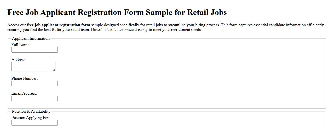 Free job applicant registration form sample for retail jobs image preview