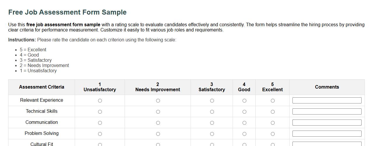 Free job assessment form sample with rating scale image preview