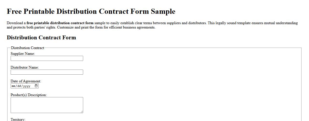 Free printable distribution contract form sample image preview