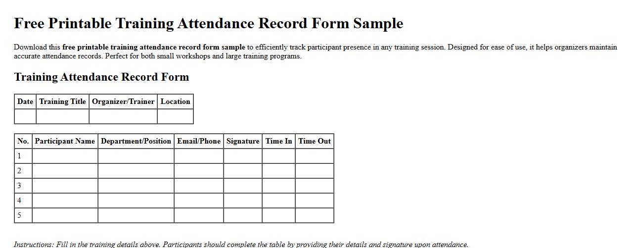 Free printable training attendance record form sample image preview