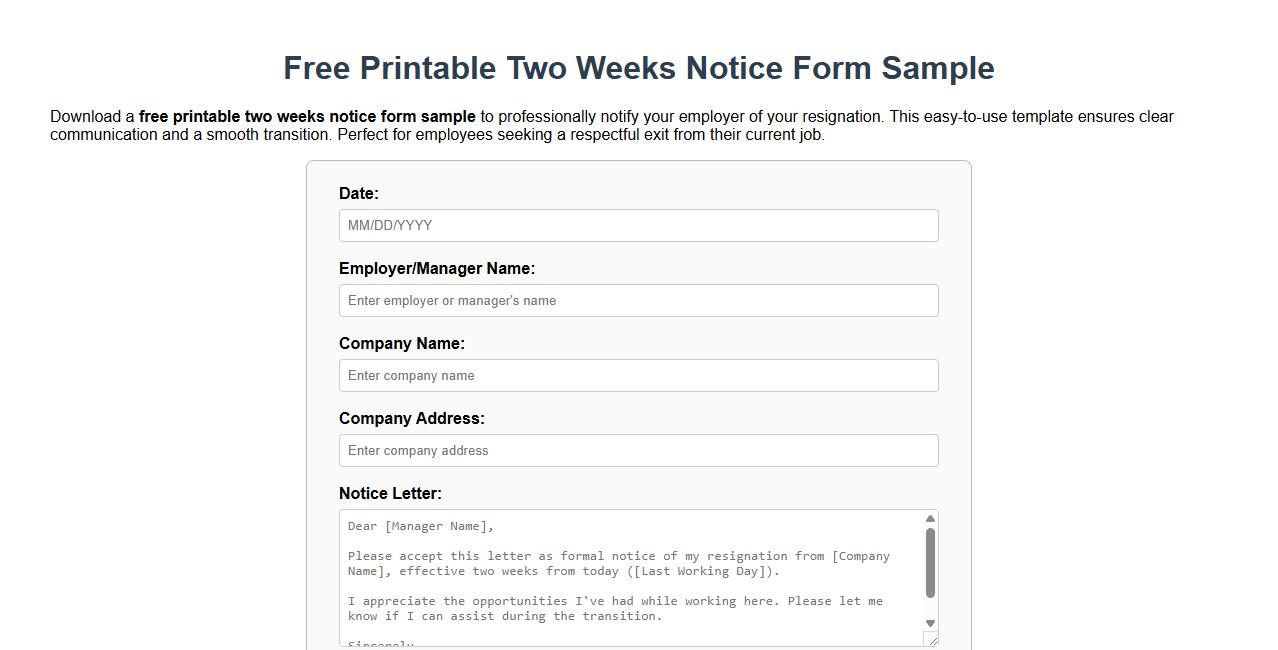 free printable two weeks notice form sample image preview