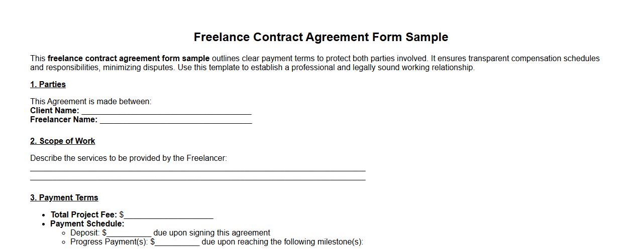 Freelance contract agreement form sample with payment terms image preview