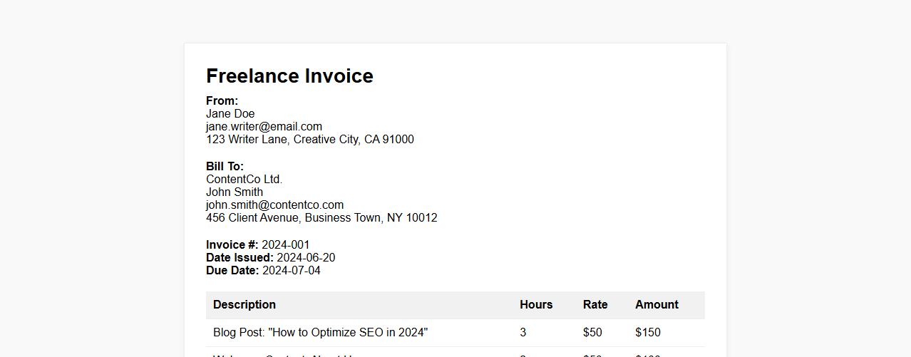 Freelance invoice example for content writers image preview