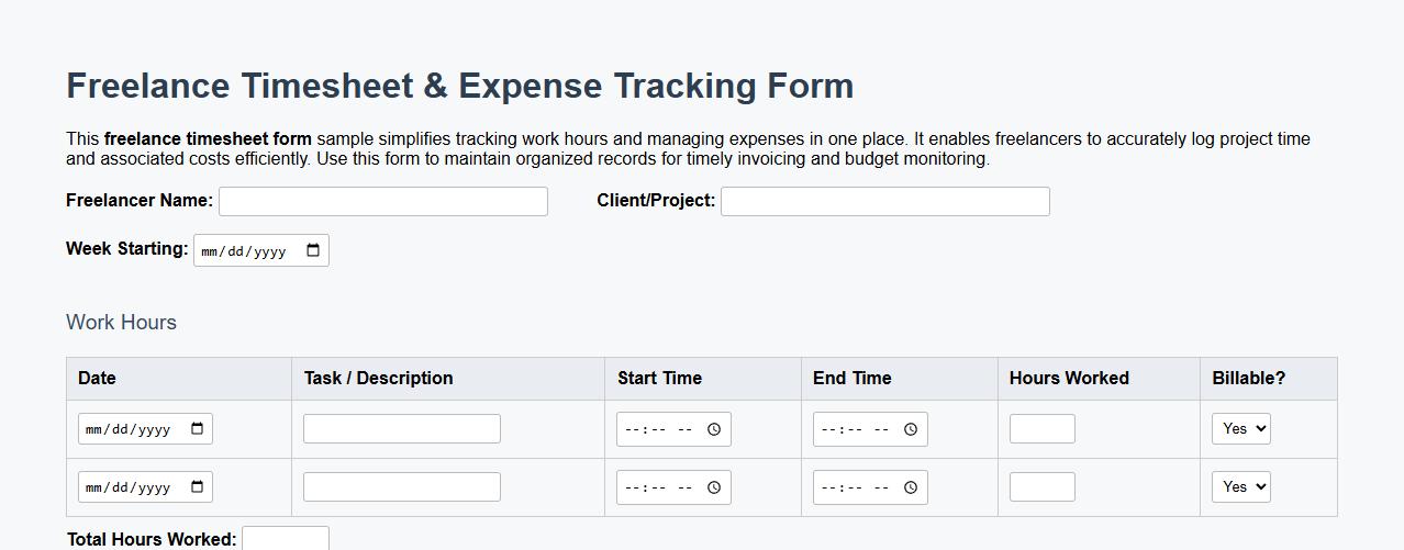 Freelance timesheet form sample with expense tracking image preview