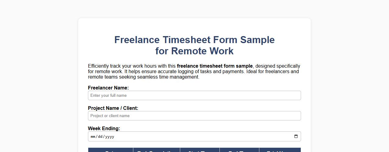 Freelance timesheet form sample for remote work image preview