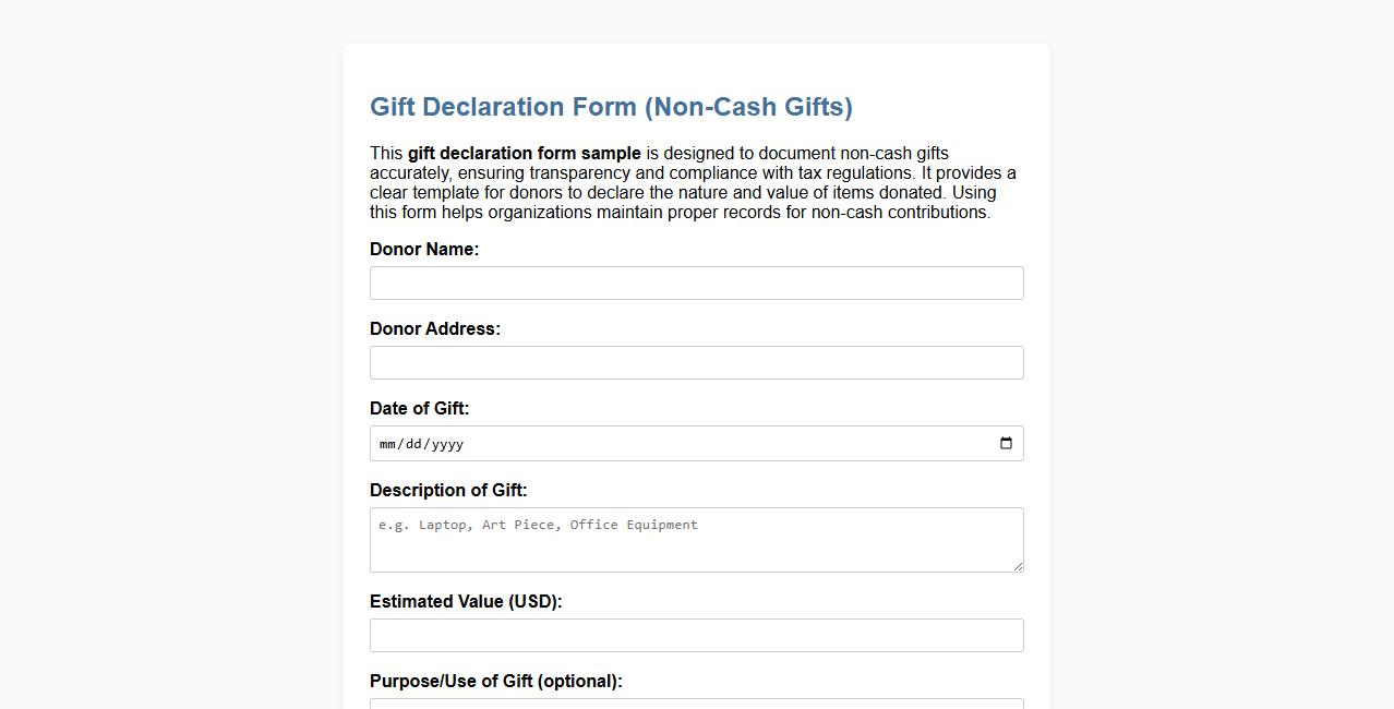 Gift declaration form sample for non-cash gifts image preview