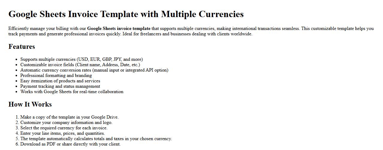 Google Sheets invoice template with multiple currencies image preview