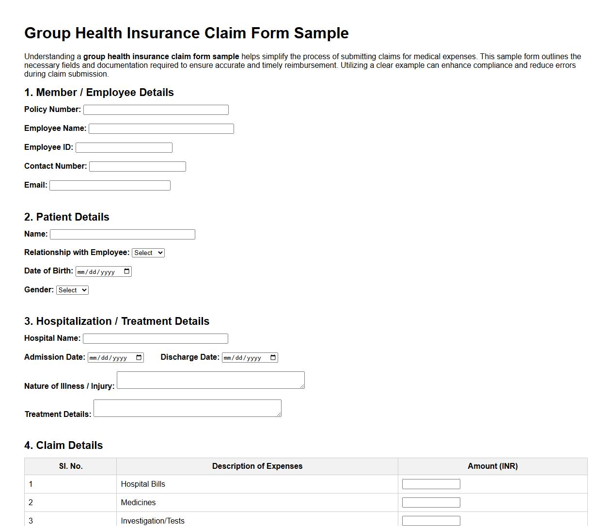 group health insurance claim form sample image preview