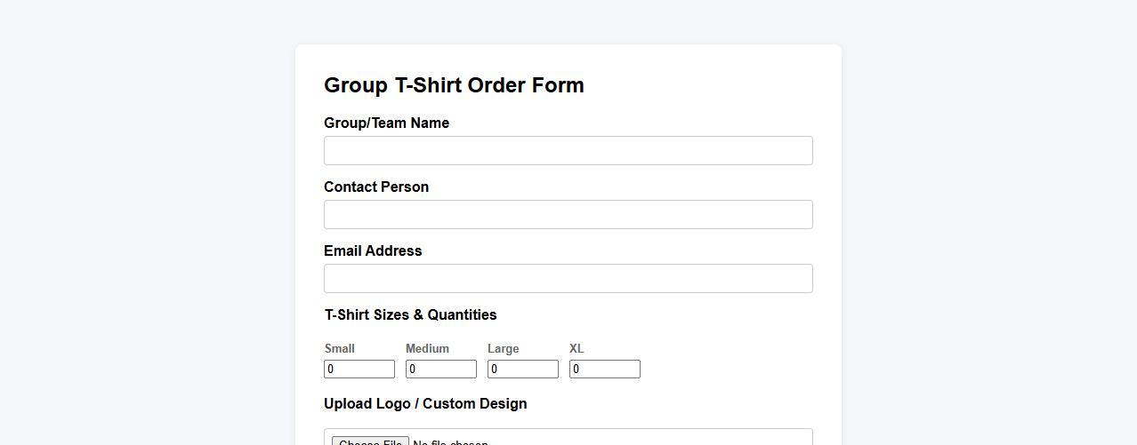 group t-shirt order form sample with logo upload option image preview