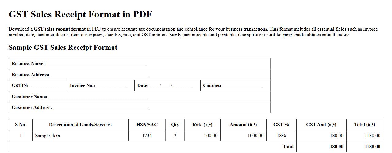 GST sales receipt format in PDF image preview